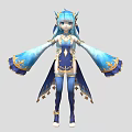 Blue Haired Fantasy Elf Character In Elegant Blue And Gold Outfit With Ornate Headpiece