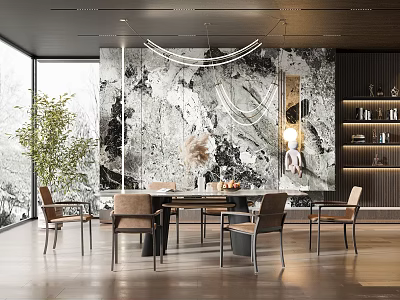 Modern Restaurant Interior Design With Marble Wall Dining Table Chairs And Hanging Lights 3d model