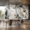 Modern Restaurant Interior Design With Marble Wall Dining Table Chairs And Hanging Lights 3d model
