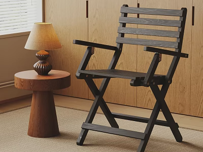 Modern Black Folding Wooden Lounge Chair With Side Table And Lamp In Indoor Area 3d model