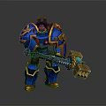 Blue And Gold Mech Warrior With Heavy Hammer And Detailed Armor Design