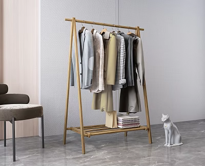 Modern Bamboo Clothes Rack With Various Hanging Clothes And Cat Figurine Near Chair 3d model