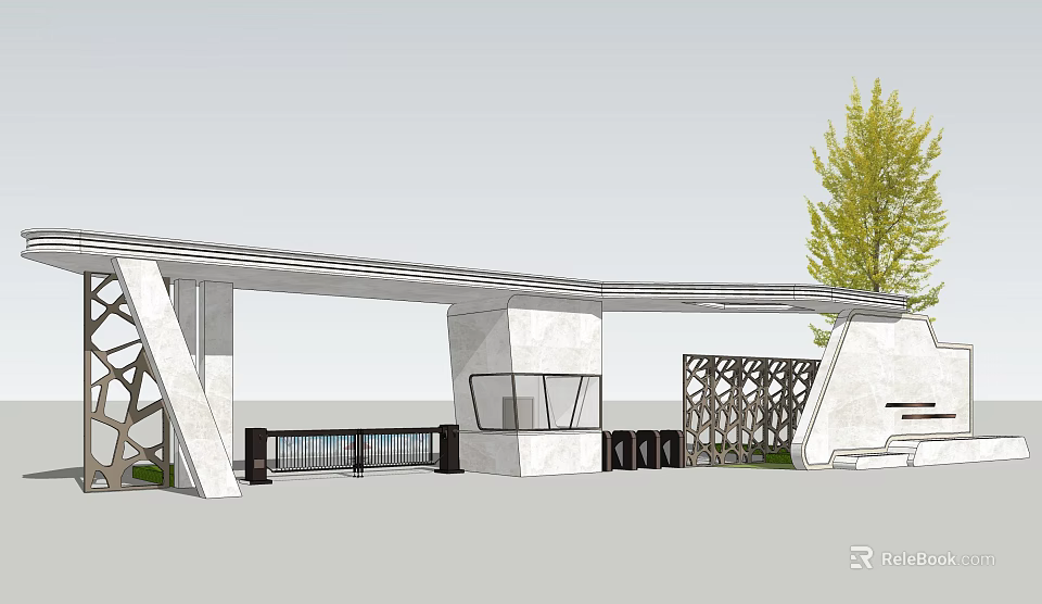 Modern Entrance Gate Design With Geometric Metal Frames Stone Panels And Green Tree 3d model 