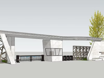 Modern Entrance Gate Design With Geometric Metal Frames Stone Panels And Green Tree 3d model