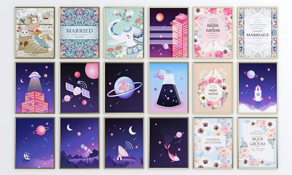 Colorful Decorative Wall Art With Space Themes Floral Designs And Unicorn Illustrations 3d model 