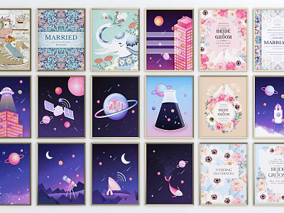 Colorful Decorative Wall Art With Space Themes Floral Designs And Unicorn Illustrations 3d model