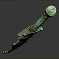 Green Serrated Sword With Golden Hilt And Metallic Reflective Surface Design