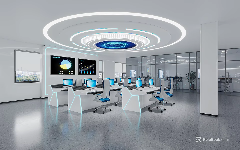 Modern Tech Office Interior With Workstations Computer Monitors And Circular Ceiling Lights 3d model
