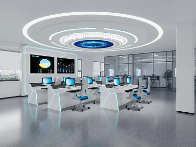 Modern Tech Office Interior With Workstations Computer Monitors And Circular Ceiling Lights 3d model