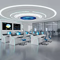 Modern Tech Office Interior With Workstations Computer Monitors And Circular Ceiling Lights 3d model