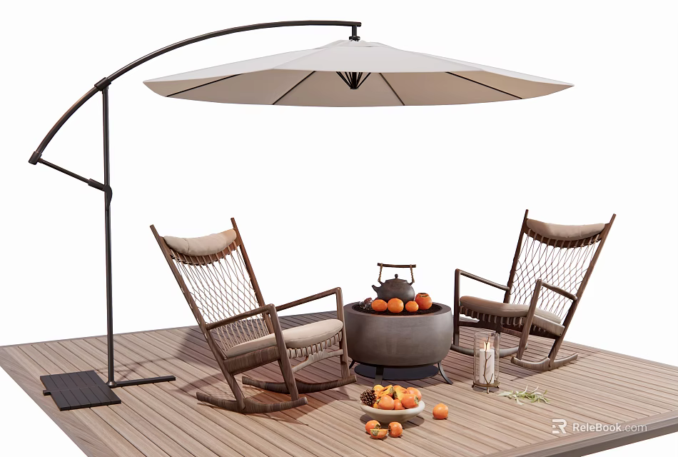Outdoor Chairs With Woven Design On Wooden Deck Featuring Umbrella And Fire Pit 3d model 