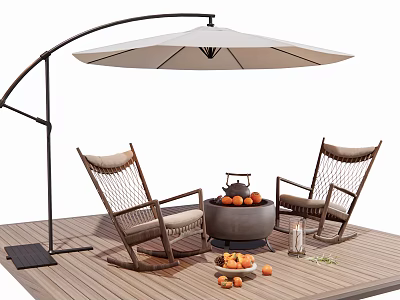 Outdoor Chairs With Woven Design On Wooden Deck Featuring Umbrella And Fire Pit 3d model
