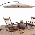 Outdoor Chairs With Woven Design On Wooden Deck Featuring Umbrella And Fire Pit
