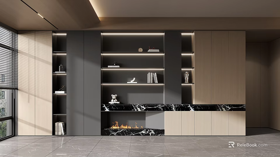 Minimalist Decorative Cabinet With Layered Shelves Marble Top Wooden Accents And Decor Items In Living Room 3d model 