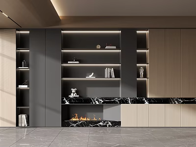 Minimalist Decorative Cabinet With Layered Shelves Marble Top Wooden Accents And Decor Items In Living Room 3d model