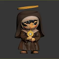Toy Figure in Brown Robe With Golden Halo Black Eye Covering And Golden Circular Object