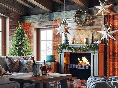Cozy Christmas Living Room With Tree Wreath Star Decorations Fireplace Burning Fire And Wooden Beams 3d model
