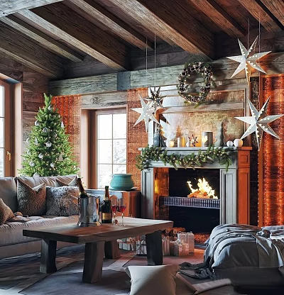 Cozy Christmas Living Room With Tree Wreath Star Decorations Fireplace Burning Fire And Wooden Beams 3d model