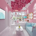 Pink Hair And Beauty Salon Interior With Floral Ceiling White Furniture And Mirrors