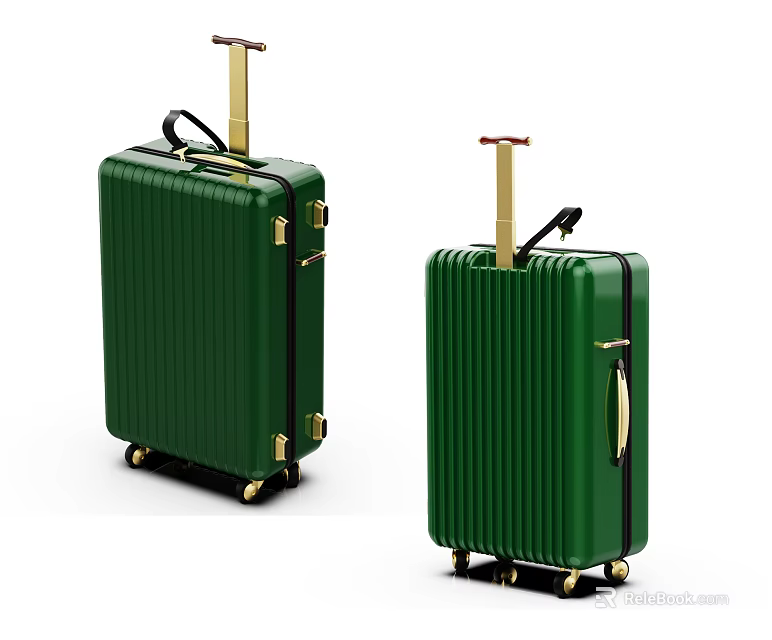 Two Green Hard Shell Suitcases With Vertical Stripes Golden Telescopic Handles And Wheels 3d model 