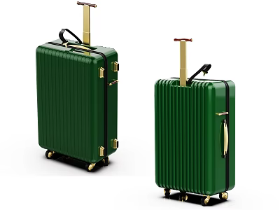 Two Green Hard Shell Suitcases With Vertical Stripes Golden Telescopic Handles And Wheels 3d model