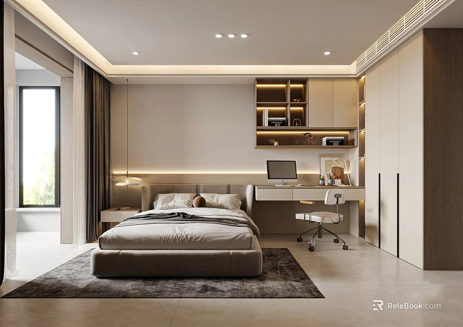 Modern Bedroom Interior With Large Bed Desk Chair Wardrobe Ceiling Lights And Decorative Rug 3d model 