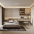 Modern Bedroom Interior With Large Bed Desk Chair Wardrobe Ceiling Lights And Decorative Rug