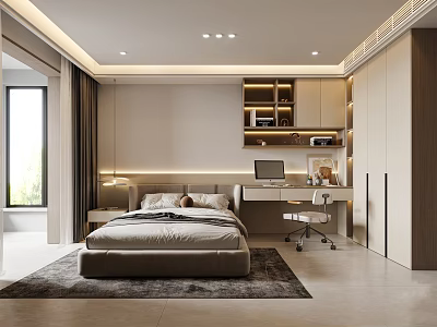 Modern Bedroom Interior With Large Bed Desk Chair Wardrobe Ceiling Lights And Decorative Rug 3d model