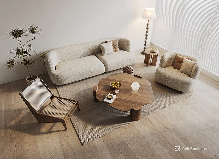 Modern Multiperson Sofa in Living Room with Coffee Table Armchair Carpet and Floor Lamp 3d model 