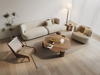 Modern Multiperson Sofa in Living Room with Coffee Table Armchair Carpet and Floor Lamp 3d model