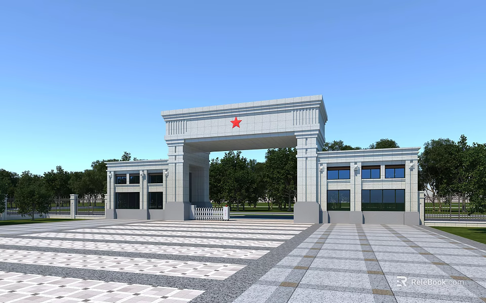 Grand Entrance Gate With Red Star On Top White Stone Surrounded By Trees And Plaza 3d model 