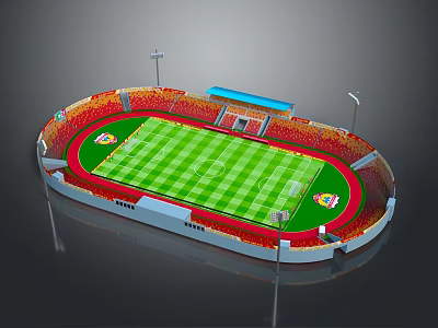 Modern Stadium Design with Green Football Field Red Running Track and Spectator Seats 3d model