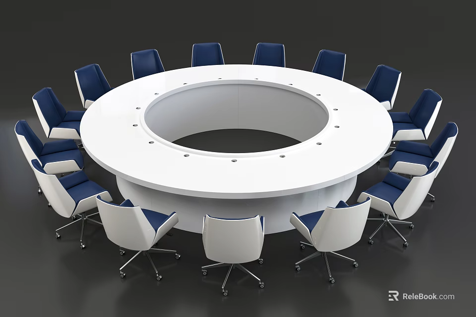 Modern Round Conference Table with White Surface and Blue White Chairs in Office Meeting Room 3d model 
