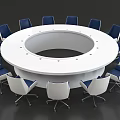 Modern Round Conference Table with White Surface and Blue White Chairs in Office Meeting Room