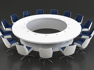 Modern Round Conference Table with White Surface and Blue White Chairs in Office Meeting Room 3d model