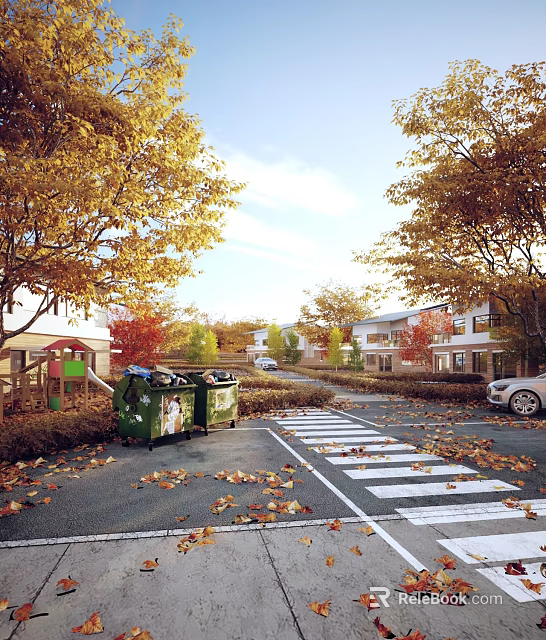 Single Family Villa In Autumn Setting With Trees And Road 3d model 