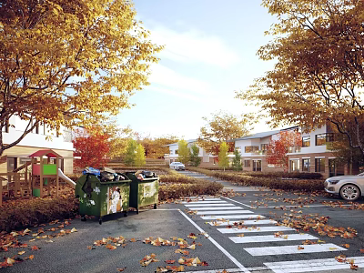 Single Family Villa In Autumn Setting With Trees And Road 3d model