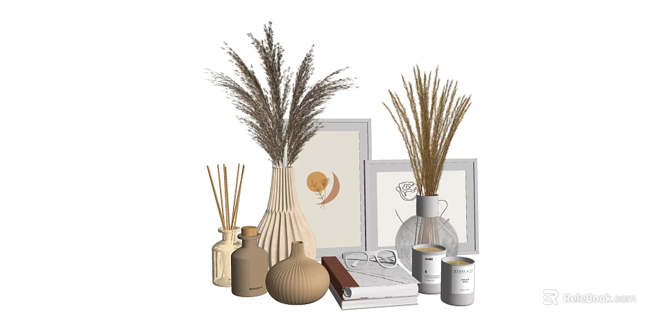 Minimalist Decorative Ornament Combination With Dried Pampas Grass Vases Frames Books And Candles 3d model 