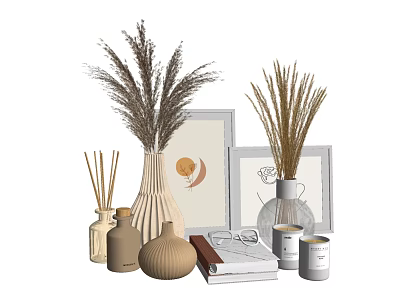 Minimalist Decorative Ornament Combination With Dried Pampas Grass Vases Frames Books And Candles 3d model