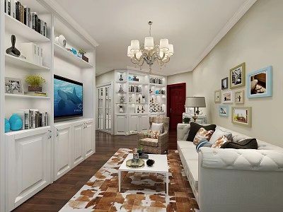 Modern Living Room Interior With White Bookshelves Chandelier TV Sofa Coffee Table And Decorative Paintings 3d model