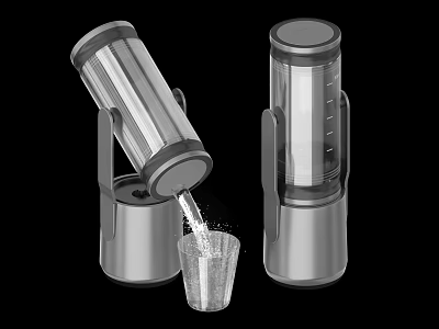 Two Modern Stainless Steel Kitchen Water Filter Appliances Dispensing Water Into Glass 3d model