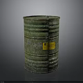 Green Rusty Metal Drum With Yellow Hazardous Waste Label On Dark Surface