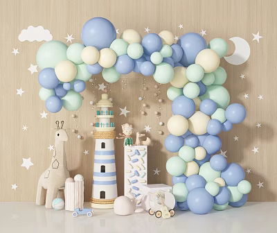 Colorful Balloon Arch With Blue Light Green Beige Balloons And Kids Toys Stars Moon Clouds 3d model