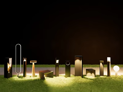 Outdoor Lights With Various Designs Illuminating Grass Area At Night 3d model