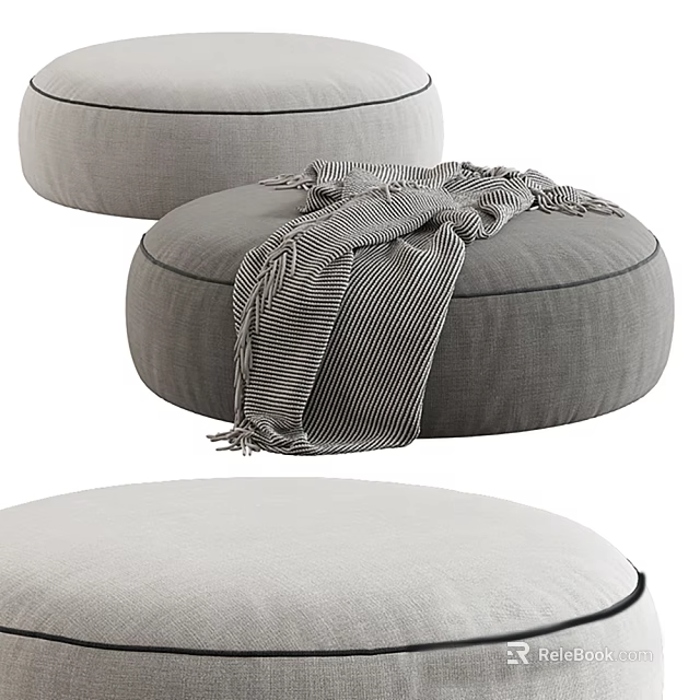Cozy Set of Three Gray Fabric Ottomans With Striped Blanket For Living Room 3d model 