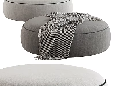 Cozy Set of Three Gray Fabric Ottomans With Striped Blanket For Living Room 3d model
