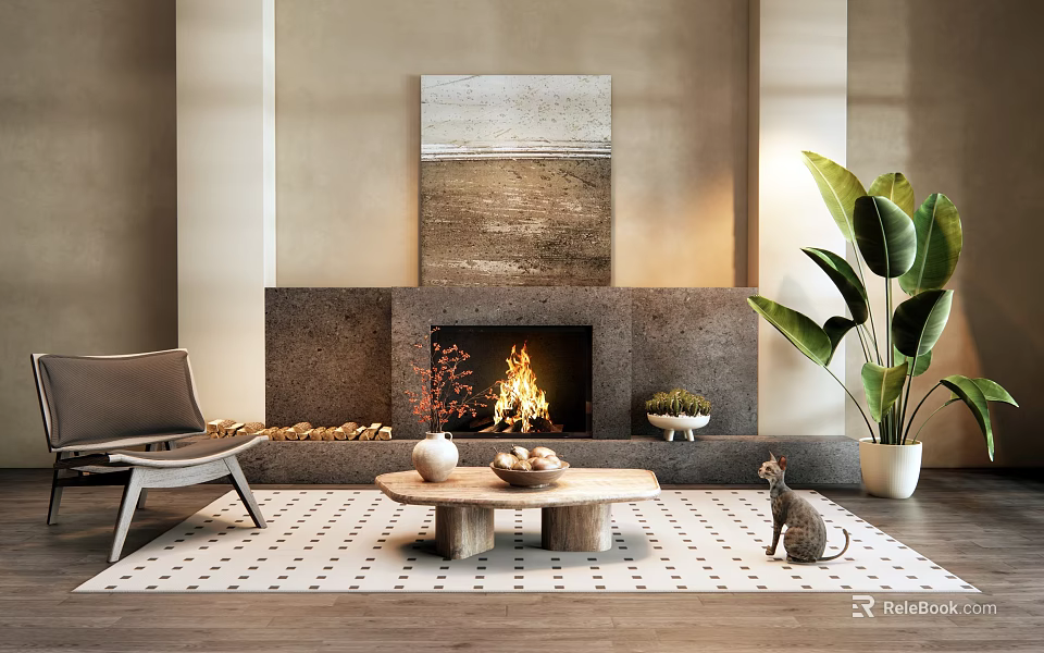 Cozy Modern Living Room With Stone Fireplace Art And Furniture 3d model 