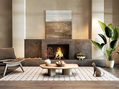 Cozy Modern Living Room With Stone Fireplace Art And Furniture 3d model