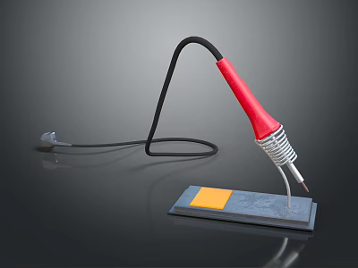 Soldering Iron With Red Handle Black Cable Gray Base And Yellow Pad 3d model