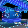 Modern Computer Tech Display With Blue Digital Screen And Presenter In Exhibition Area